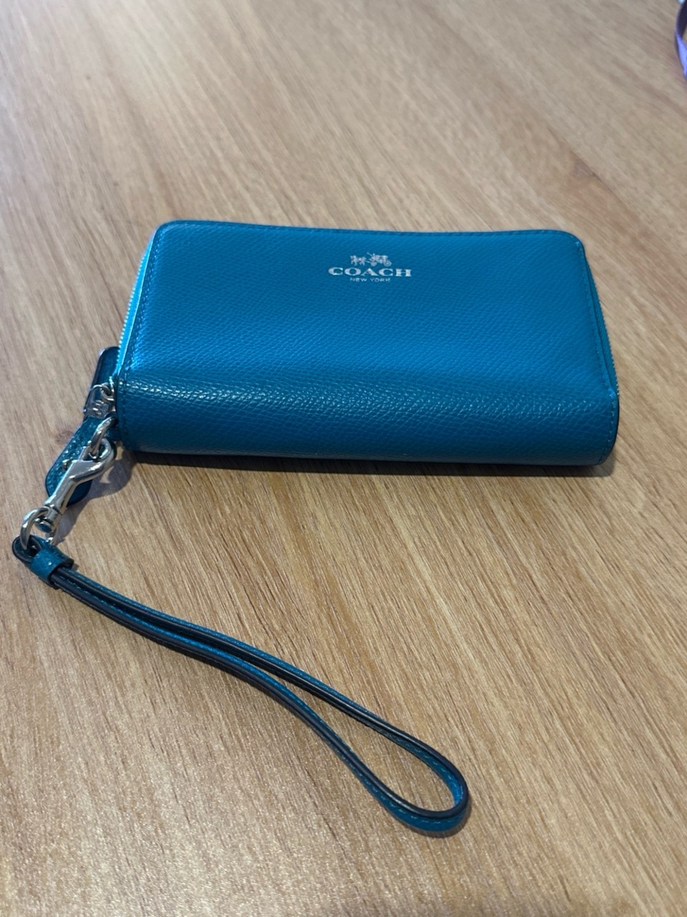 Coach Teal Leather Zip Wristlet with Detachable Strap